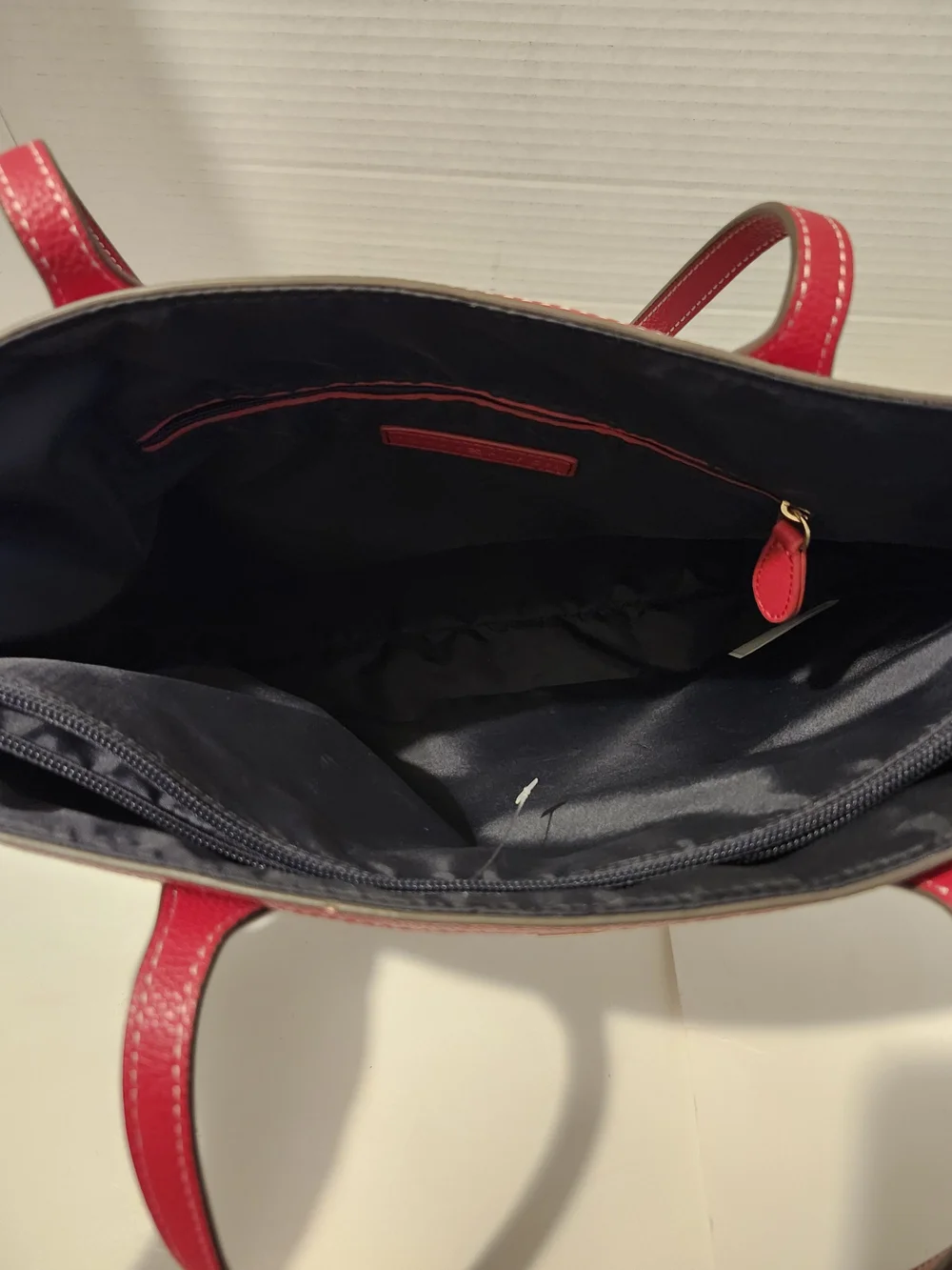 Tommy Hilfiger Beige and Navy Logo Tote with Black Trim